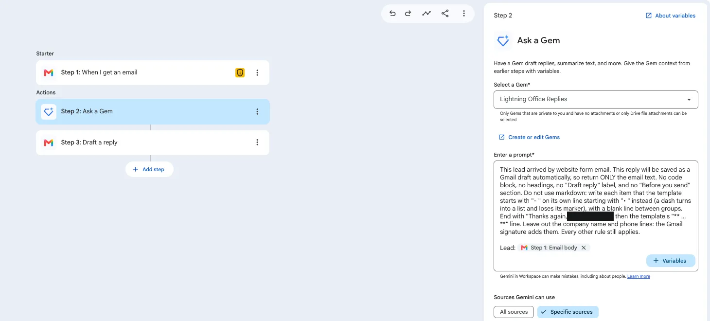 The Workspace Studio editor. On the left, three steps: When I get an email, Ask a Gem, Draft a reply. On the right, the Ask a Gem settings: the Lightning Office Replies Gem, the prompt, the Step 1 email body added as a variable, and Specific sources selected.