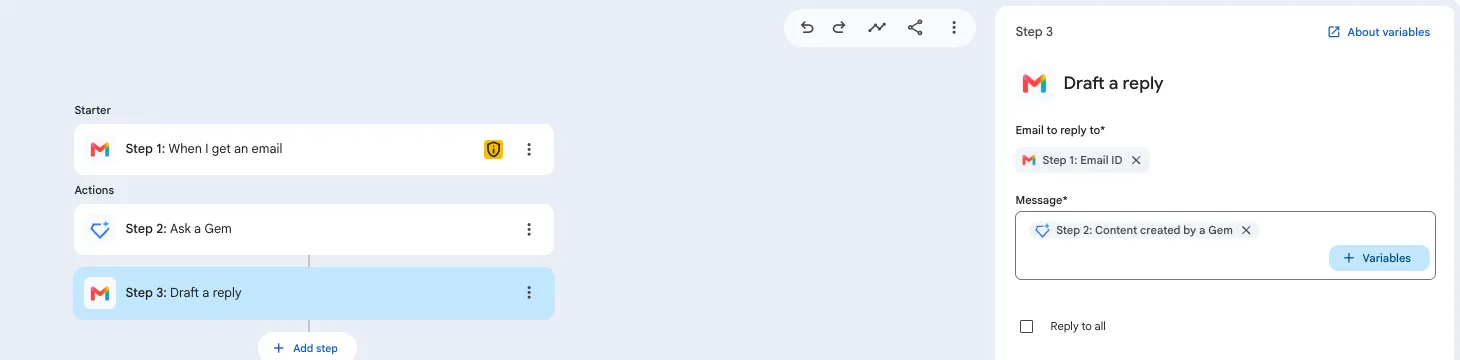The Draft a reply settings: reply to the Step 1 email, with the message set to the content the Gem created in Step 2. Reply to all is unchecked.