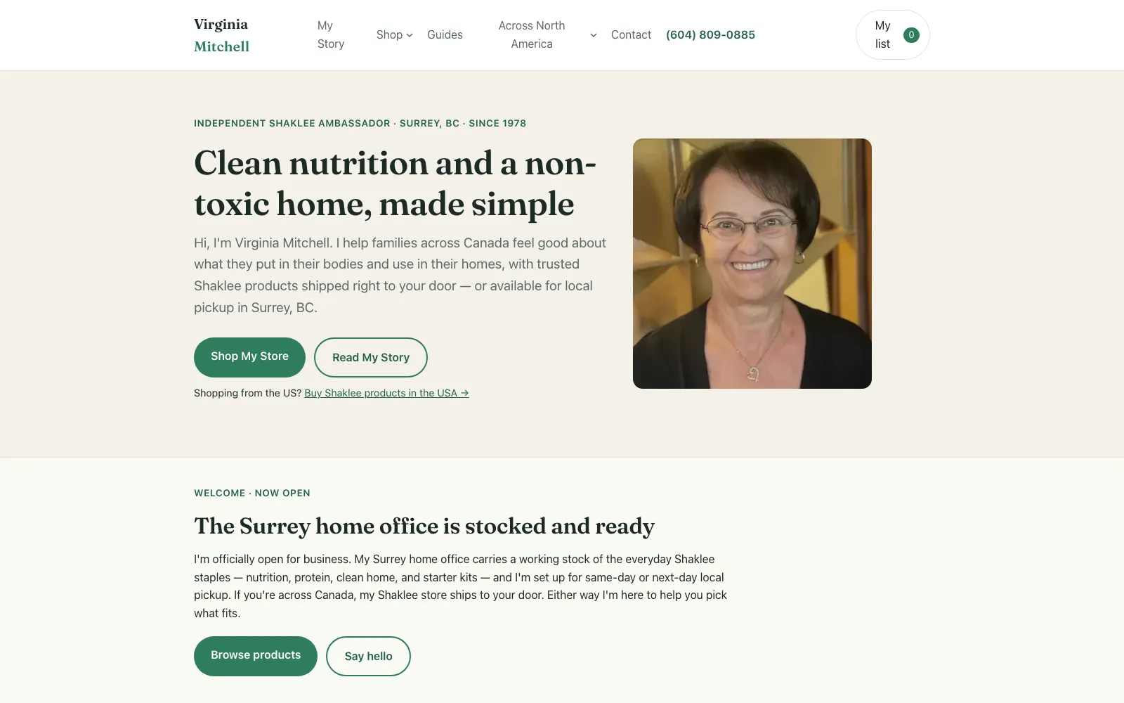 Virginia Mitchell homepage after the rebuild