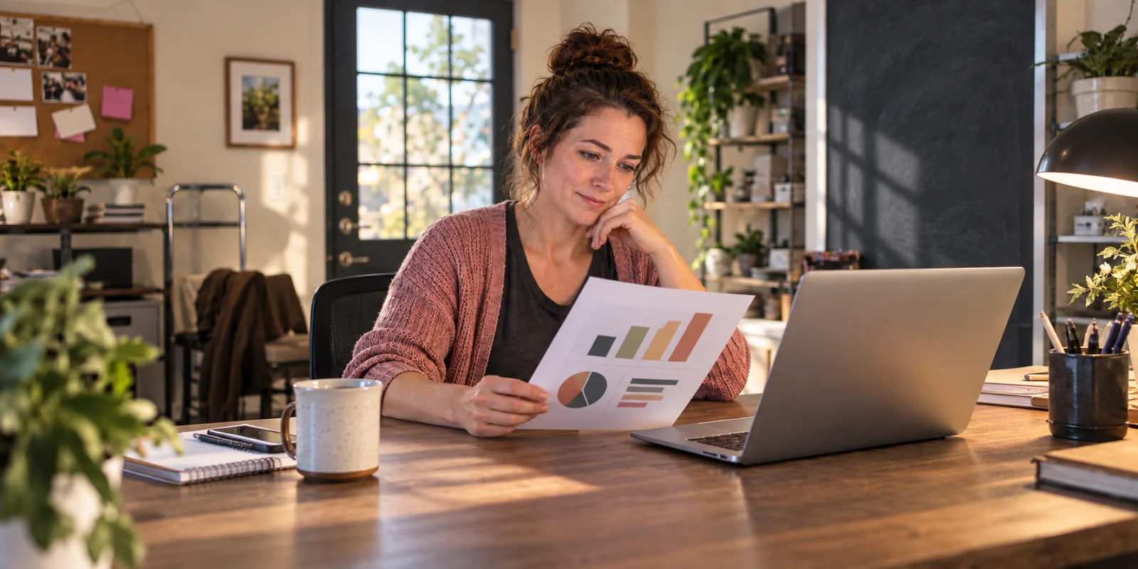 A fictional small-business owner calmly reviewing a simple website performance report