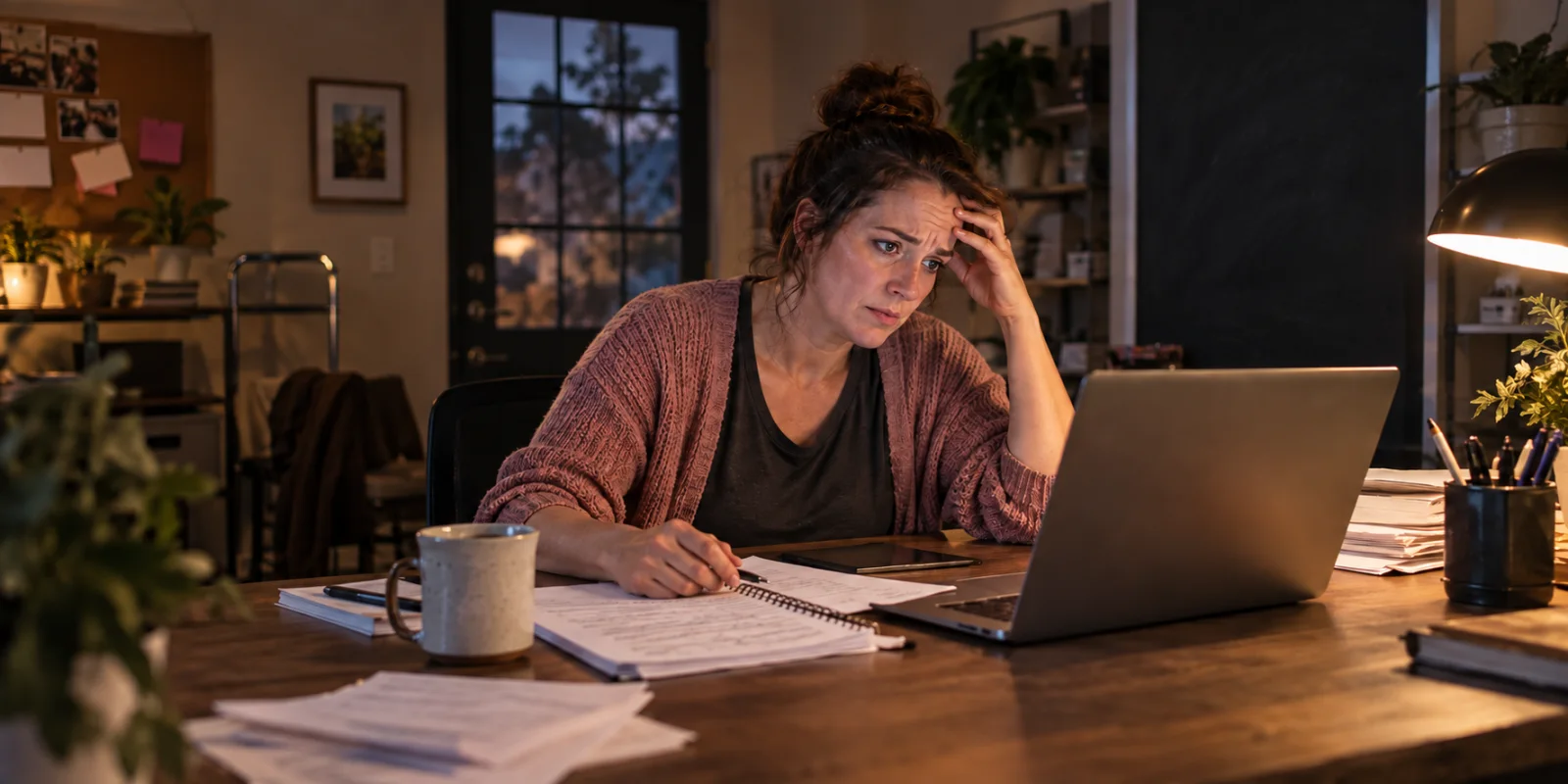 A fictional small-business owner looking frustrated while trying to understand website reports and bills