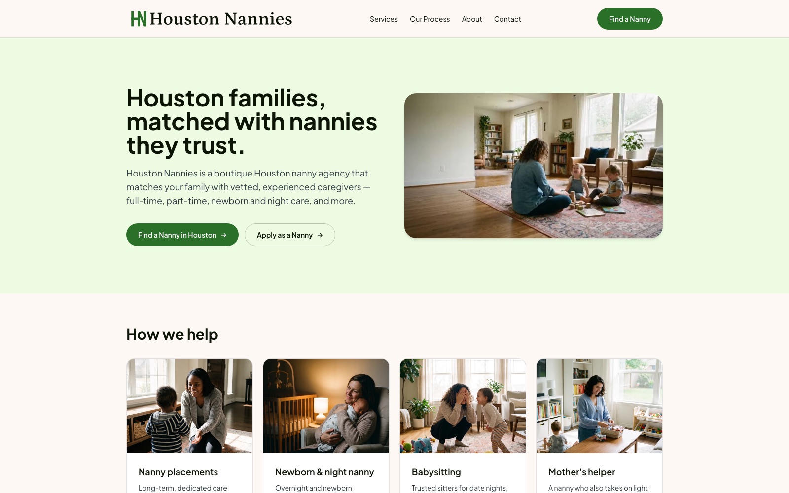 The Houston Nannies homepage after the rebuild